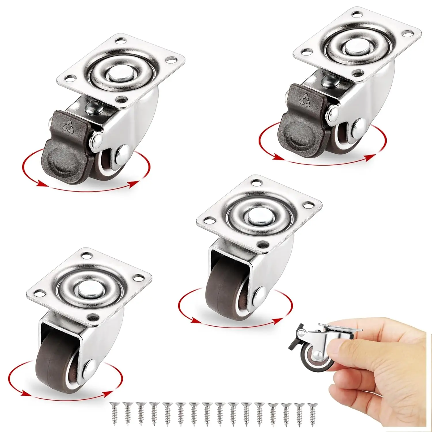 Small Caster Wheels 1 Inch, Low Profile 360  Swivel Casters Set of 4, Little Rubber Base Rolling Plate Caster Wheels for Small Furniture(2 with Brakes & 2 Without),No Noise