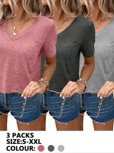 Women's Solid Color V Neck Sports Tee, Casual Short Sleeve Basic T-shirt for Daily Wear, Ladies Sportswear for All Seasons, Top