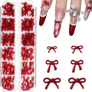 12Grids 3D Red Pink Bowknot Nail Charms Set, Glossy Enamel Rhinestone Bow Nail Art Supplies With Flat Back Crystals, Trendy Kawaii DIY Acrylic Nail Decorations For Women Manicure Jewelry Xmas Holiday Gift