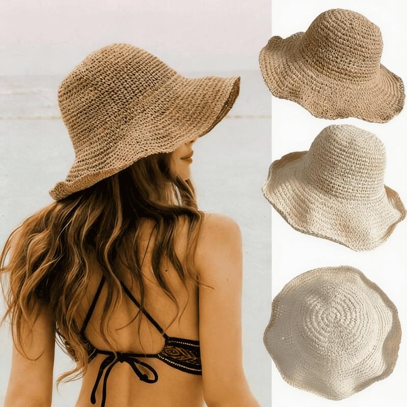 Women's Summer Sun Hat, Wide Brim Straw Hat in Solid Color, Foldable Beach & Travel Hat, TikTok Viral  Hat Dupe, Lightweight Sun Protection Accessory