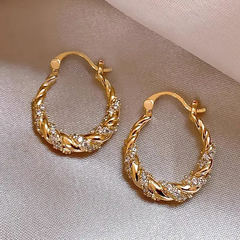 Gold Twisted Rope Hoop Earrings for Women, Sparkly Paved CZ Braided Wrap Huggie Hoops, French Minimalist Elegant Luxury Dainty Jewelry for Daily Wear Party Date Wedding Gift