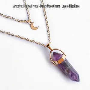 Moon Hexagonal Column Pendant Layered Necklace, Natural Stone Amethyst Aventurine Blue Sandstone Opalite, Healing Crystal Spiritual Jewelry, Dainty Moon Charm Layering Accessory for Women