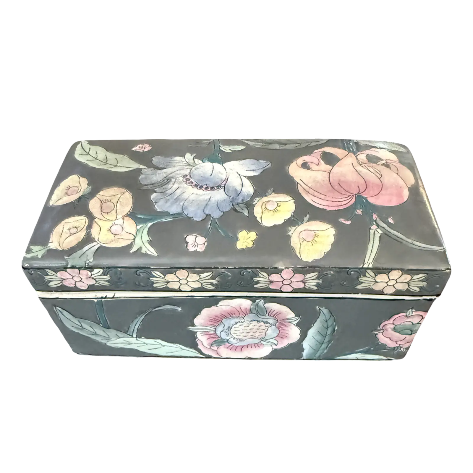 Vintage Chinese Gray Floral Enameled Porcelain Lidded Box