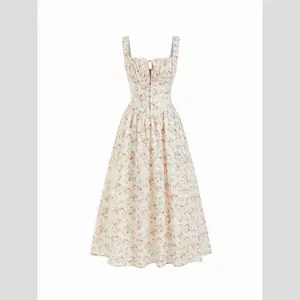 Cider Cotton-blend Square Neck Floral Knotted Shirred Midi Dress