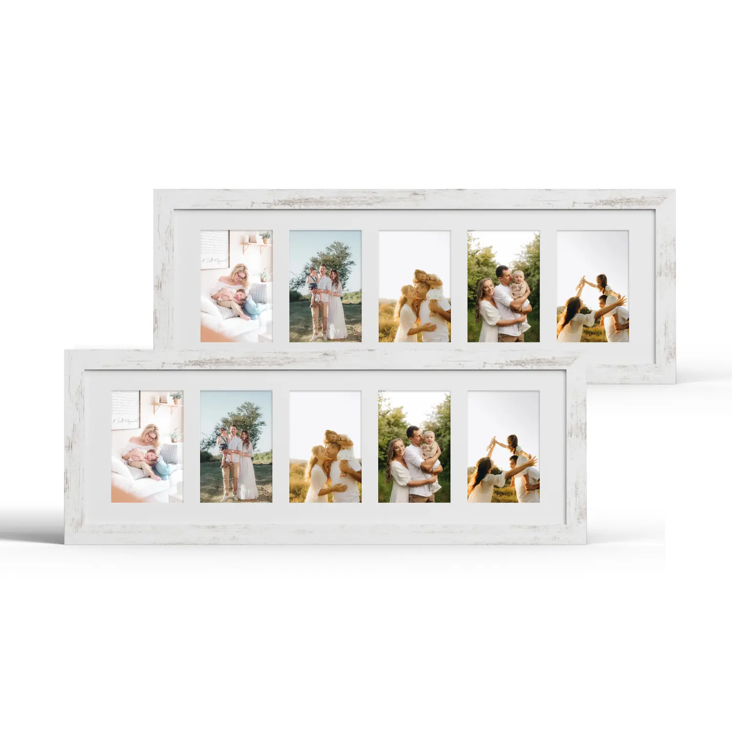 8x24 Picture Frame 2 Pack, Distressed White Wood Frame with Tempered Glass, Display Pictures Multiple Five 4x6 With Mat or 8 x 24 Without Mat - Horizontal or Vertical Wall Mounting