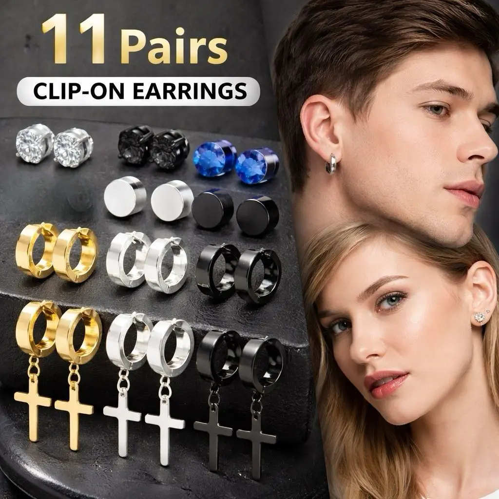 Magnetic Clip-On Earrings 11-Pair Set, Non-Pierced Black Hoop Dangle Earrings for Women, Comfortable Magnetic Closure