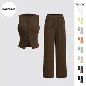 KatchMe Women's Leisure Solid Color Sleeveless Button-Up Tank Top & Wide Leg Trousers Co-ord (2), Basic Casual Two Piece Outfits, Holiday Outfits