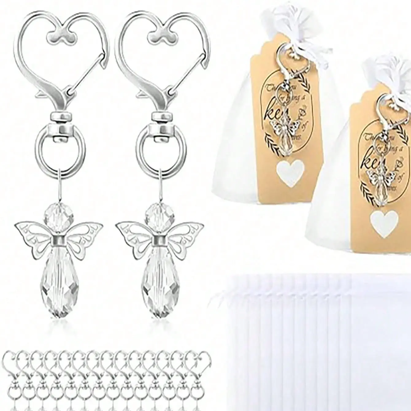 30 Set High Quality Silver Color Angel Wings Heart Handle Keychains, Includes 30 Keychains, Thank You Cards, Cloth Bags, Perfect for Baptism Gifts, Angelic Charm, Key Charms