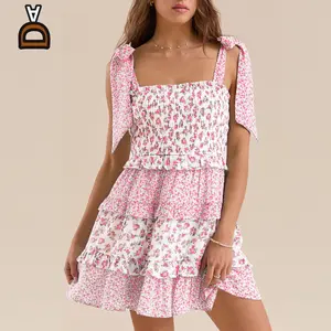 Womens Floral Print Mini Dress Ruffle Smocked Tiered Tie Backless Preppy Smocked Short Dress Beach Boho Casual