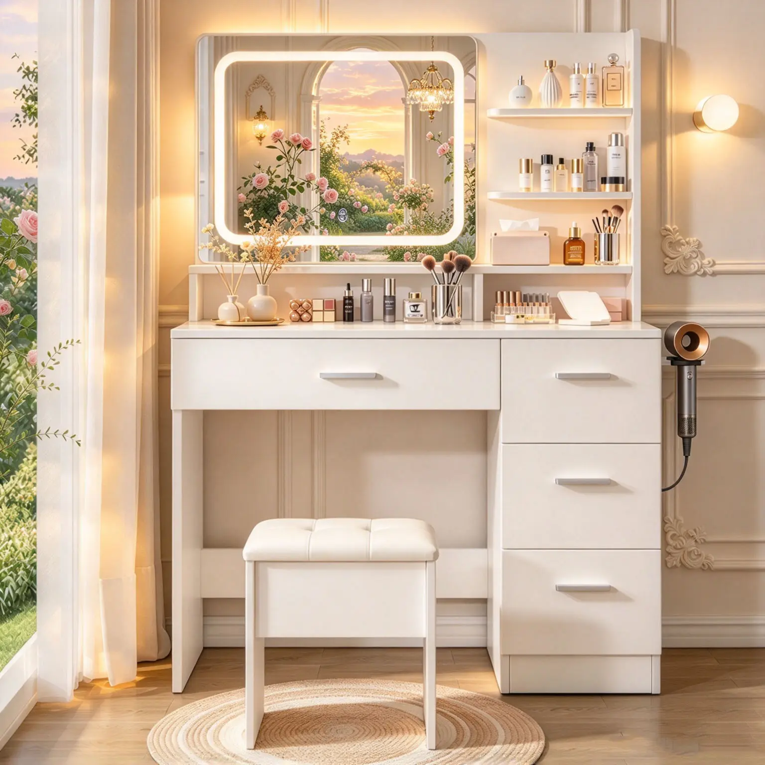Elegant vanity table includes LED mirror, white dressing table set with storage drawers and stool; suitable for bedrooms, living rooms, dormitories, etc. big furniture makeup desk power usb transparent color rgb