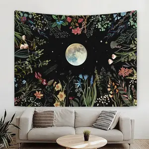 1pc Moonlight Garden Tapestry, Bosch Moon Tapestry, Flower Tapestry Color Plant Tapestry Black Decorative Home Wall Decoration Background Cloth, Flower Pattern Tapestry