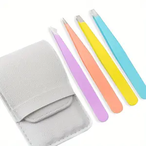 4Pcs/set Eyebrow Tweezer Colorful Beauty Fine Hairs Puller Stainless Steel Slanted Brow Clips Hair Removal Makeup Tools, False Eyelash Curler, Make-up Tool