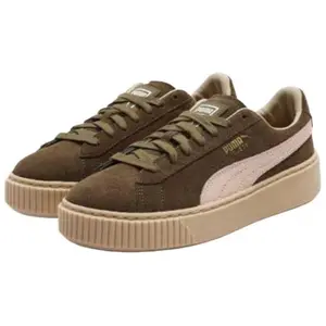Women's PUMA Suede Platform Low-Top Sneakers - Suede Material, Platform Sole, Comfortable Fashion Footwear in Brown, House White - Maison Mihara Collaboration