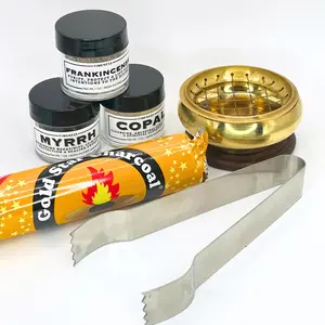 FIMENESS - COPAL, FRANKINCENSE AND MYRRH INCENSE KIT INCLUDES BRASS CHARCOAL BURNER, CHARCOAL DISCS AND TONGS COMPLETE SET FOR CLEANSING, MEDITATION AND SPIRITUAL RITUALS