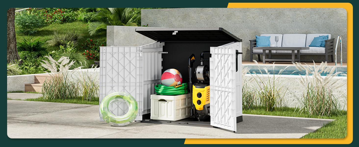 LHBCRAFT  outdoor Resin Horizontal Storage Shed Multifunctional Use, Easy to Install, Large Storage , WeatherResisfant , springtokEasy Clean , Lockable Door outdoor Resin Horizontal Storage Shed,Christmas gift