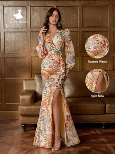 Elegant Floral Print Long Sleeve Chiffon Formal Wear Evening Gown, Ruffle Hem, Side Slit Dress for Carpet, Weddings, Art Exhibitions, Social Gatherings