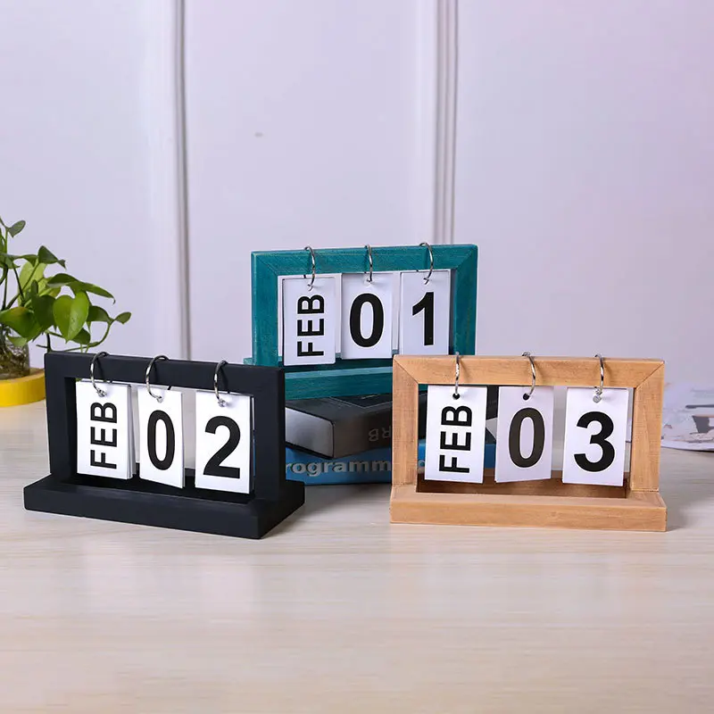 Vintage-Style Wooden Flip Perpetual Calendar - Compact No Battery No Magnets Desk Decor with Flip Mechanism, Rose Crystal Glass Accessory, Instagram-Inspired Creative Display for Home Office, Date Display