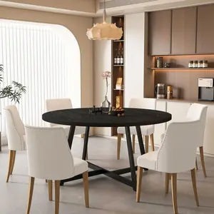 59" Round Dining Table for 6-8 People, Modern Farmhouse Kitchen Table with Steel Base for Dining Room, Black