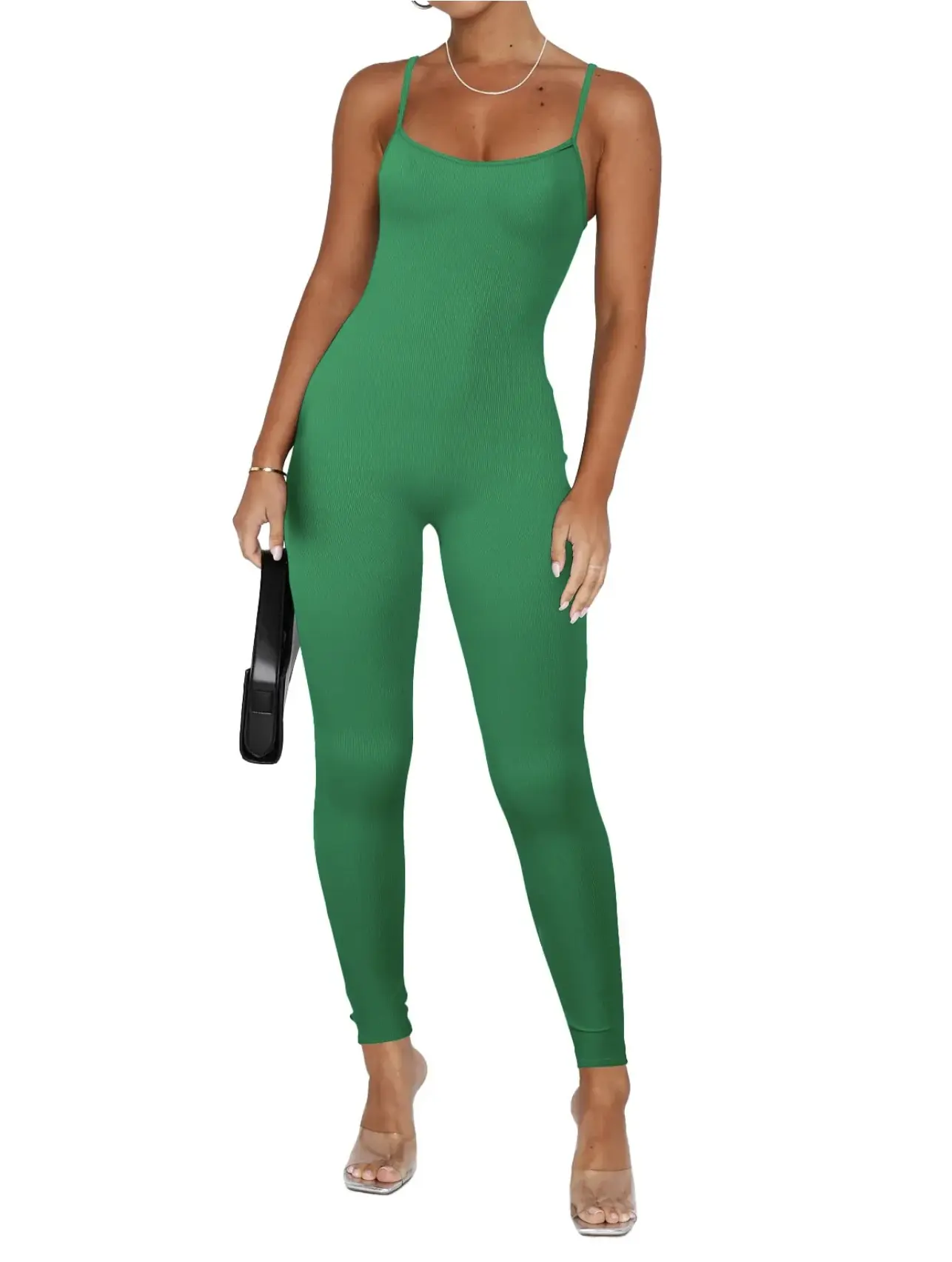 Women's Seamless One-Piece Hip Lift Crew Neck Tummy Control Jumpsuit with Tank Top Green Stretch Sportswear for Dance Fitness Workout Set Yoga Activities