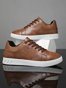 Men's Lace-Up Casual Sports Shoes, Comfort Flat Sole PU Leather Sneakers, Large Size Available, Daily Wear