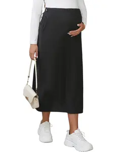 INSPIRE CHIC Women's Business Maternity Skirts Straight Casual Over the Belly Stretchy Knit Midi Pregnancy Skirt Black