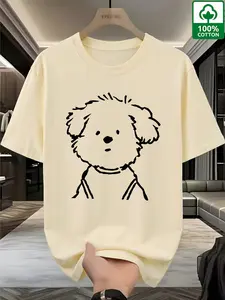 Men's 100% Cotton Cute Puppy T-Shirt, Line Art Graphic Oversized Streetwear Tee, Slim-Fitting Long Top Without Zipper