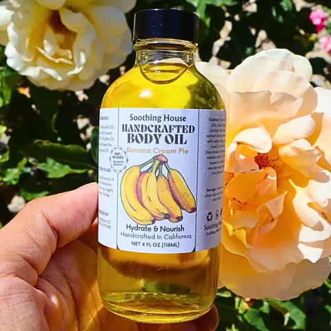 Handcrafted Banana Cream Pie Fragrance Body Oil - 4 oz Vegan Nourishing Hydrating Moisturizer with Jojoba, Coconut, Avocado, Sweet Almond Oils - Anti-Age Skin Soft Formula for Sensitive Skin, 3-Month Shelf (Soothing House)