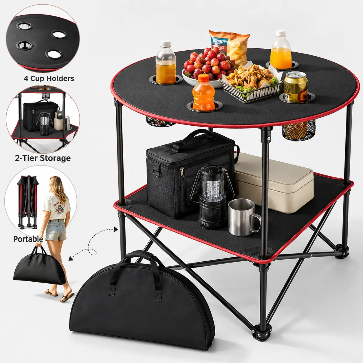 Portable Camping Table, Lightweight Foldable Picnic Table with 4 Cup Holders & Carry Bag, Waterproof Canvas Beach Table, PE & Steel Outdoor Folding Table with Lower Shelf for Camping, Picnic, Patio, Beach, Campfires and Tailgating