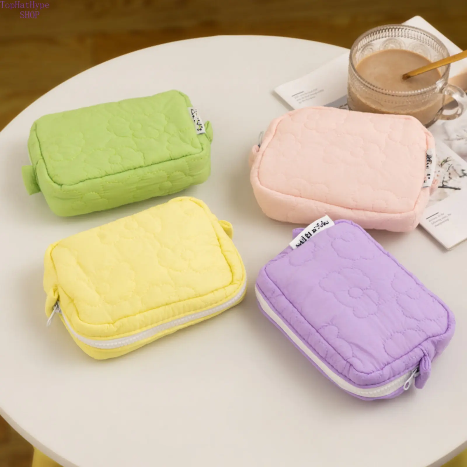 2026 New Cute Pastel Makeup Bag, Mini Padded Quilted Floral Clutch Square Bag, Portable Storage Pouch for Students, Soft Lightweight Cosmetic Bag Perfect for Daily Use, School, Travel, Lipstick & Small Beauty Essentials Organizer
