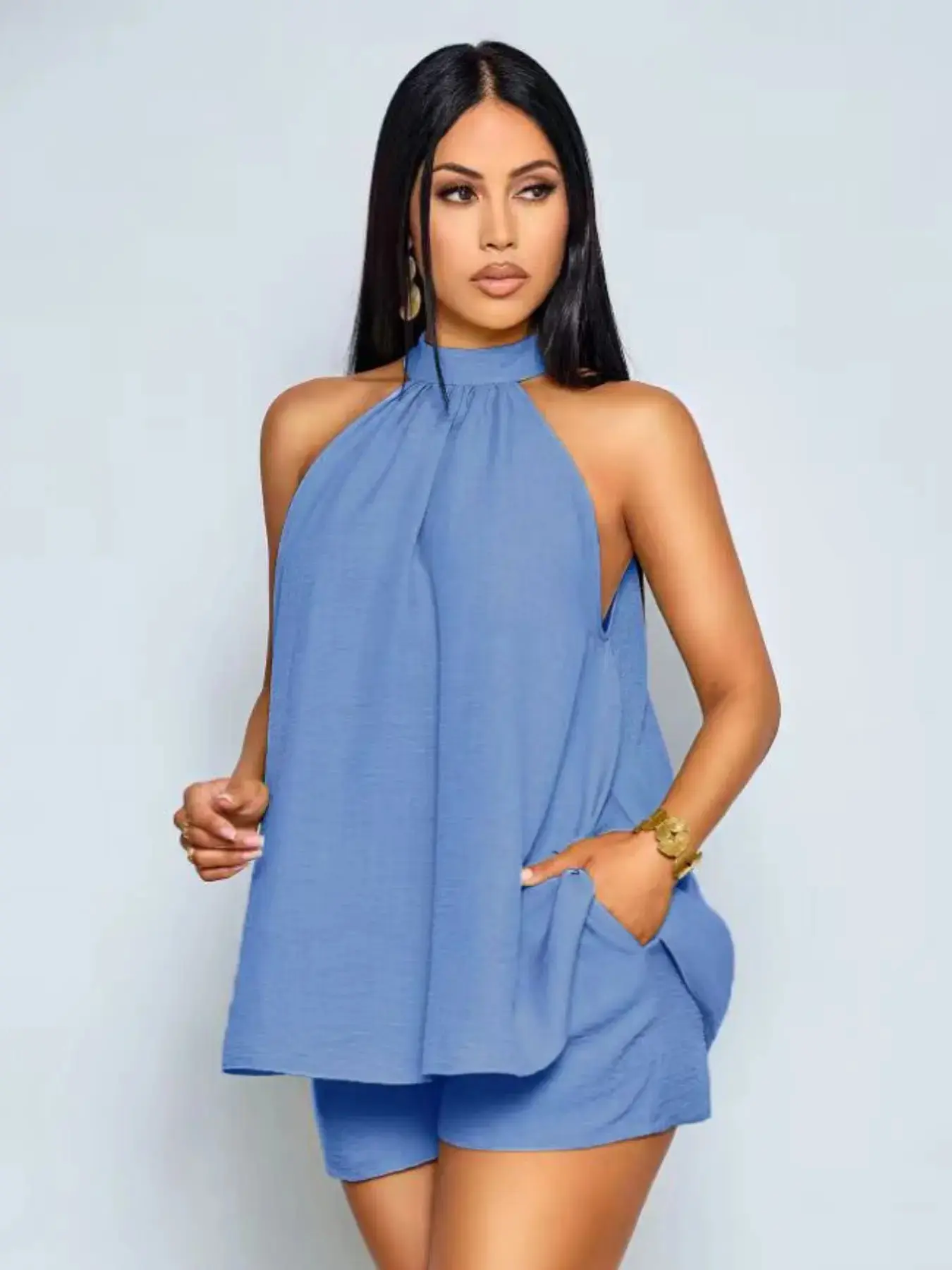 Women's Mint Halter Top Asymmetrical Hem Shorts Set Casual Beach Vacation Party Trendy Summer 2026