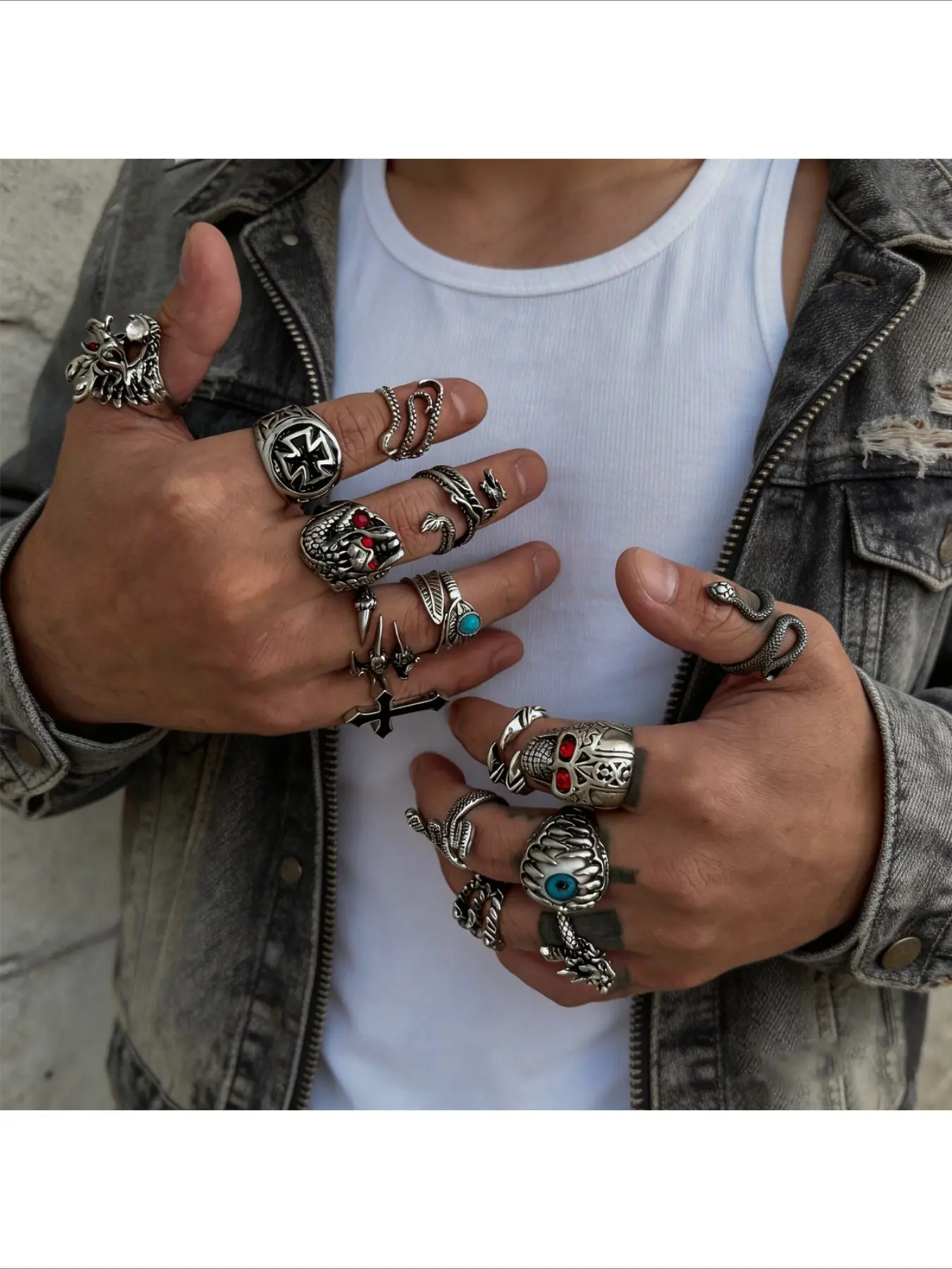Gothic Silver Statement Ring Set | Skull, Snake & Cross Stackable Rings for Men | Edgy Biker Jewelry for Streetwear, Punk & Rock Style Outfits, Dark Aesthetic Rings