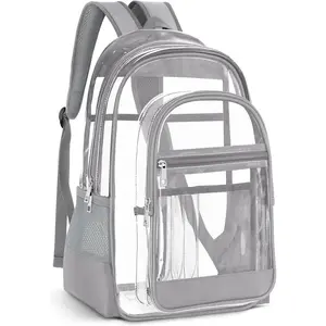 Clear Backpack, Heavy Duty PVC Transparent Backpack with Reinforced Straps, See Through Multiple Pockets Large Capacity Bookbag for Concert  Event Work  Travel Festival (Grey)