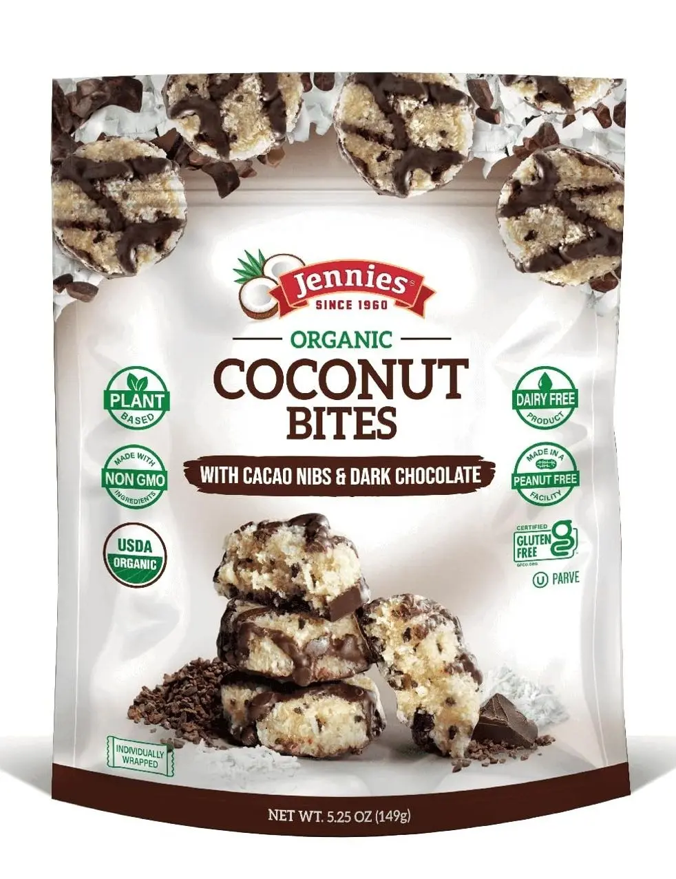 Jennies Organic Coconut Bites with Cacao Nibs and Dark Chocolate, 5.25oz | Gluten Free | Peanut Free | Dairy Free | Non GMO