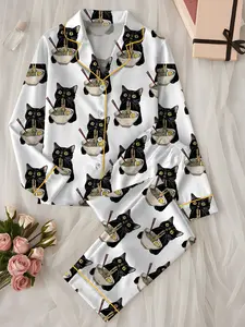 Women's Noodle Cat Short Sleeve Satin Pajama Set, Sleepwear, Cute Funny Noodle Cat Print PJs, Kawaii Summer Lounge Set for Her