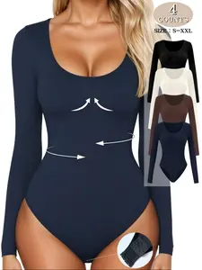 Women's Ribbed Abdominal Control Bodysuit Set, Long-Sleeve Round Neck Seamless Comfort Soft Elastic Fabric Clothes for Daily Wear