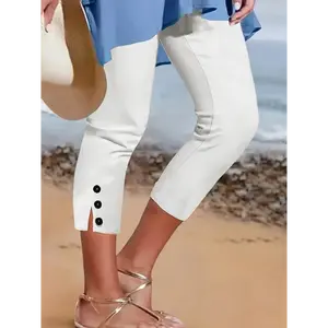 Elegant Women's Capri Pants - 95% Polyester 5% Spandex Blend, Elastic Waist with Button Accents, Mid-Stretch Fabric, Machine Washable Fit