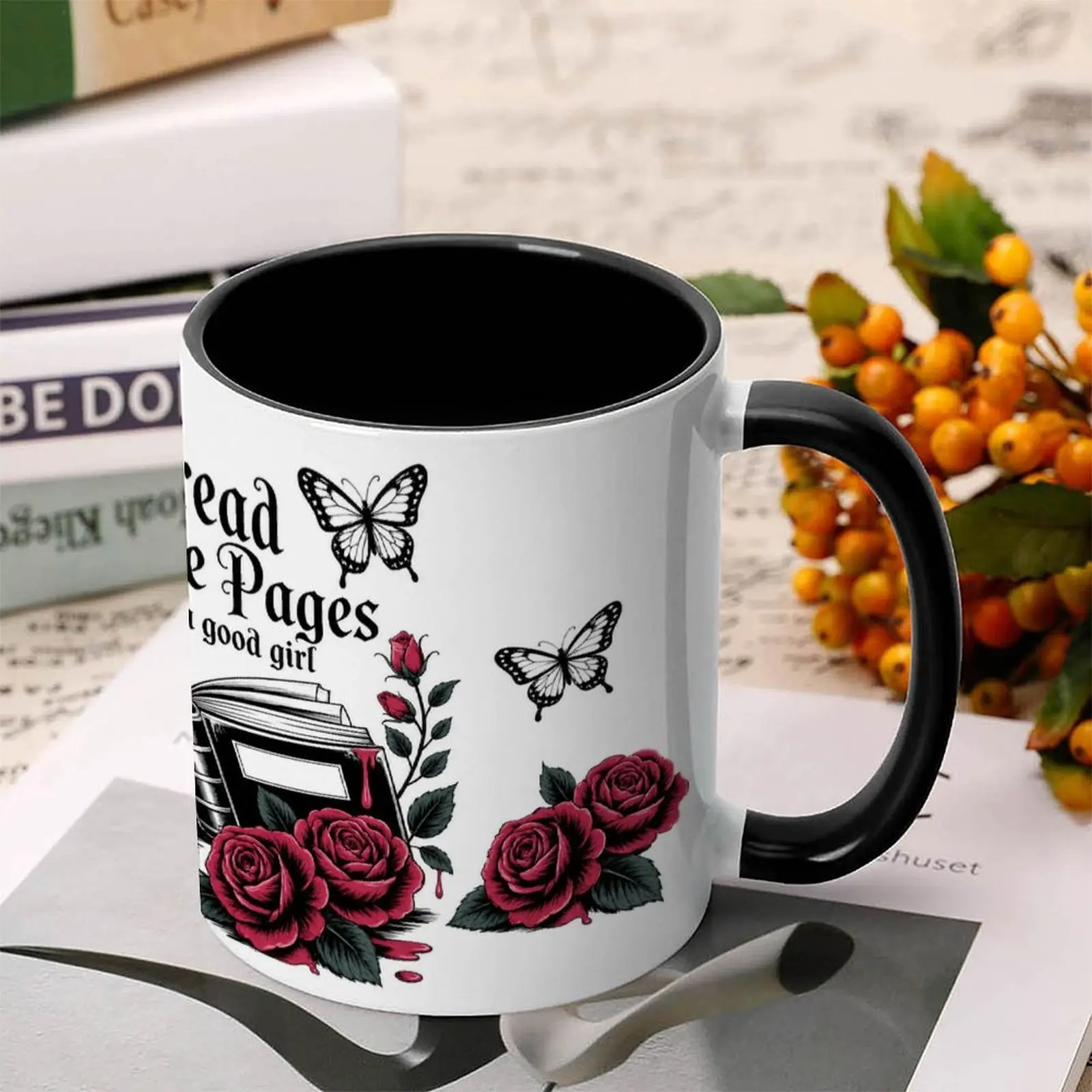 Stylish Dark Academia Gothic Rose Skull Mug - "Spread Those Pages Like a Good Girl" - Wrapped Bookish Gift for Fantasy Readers