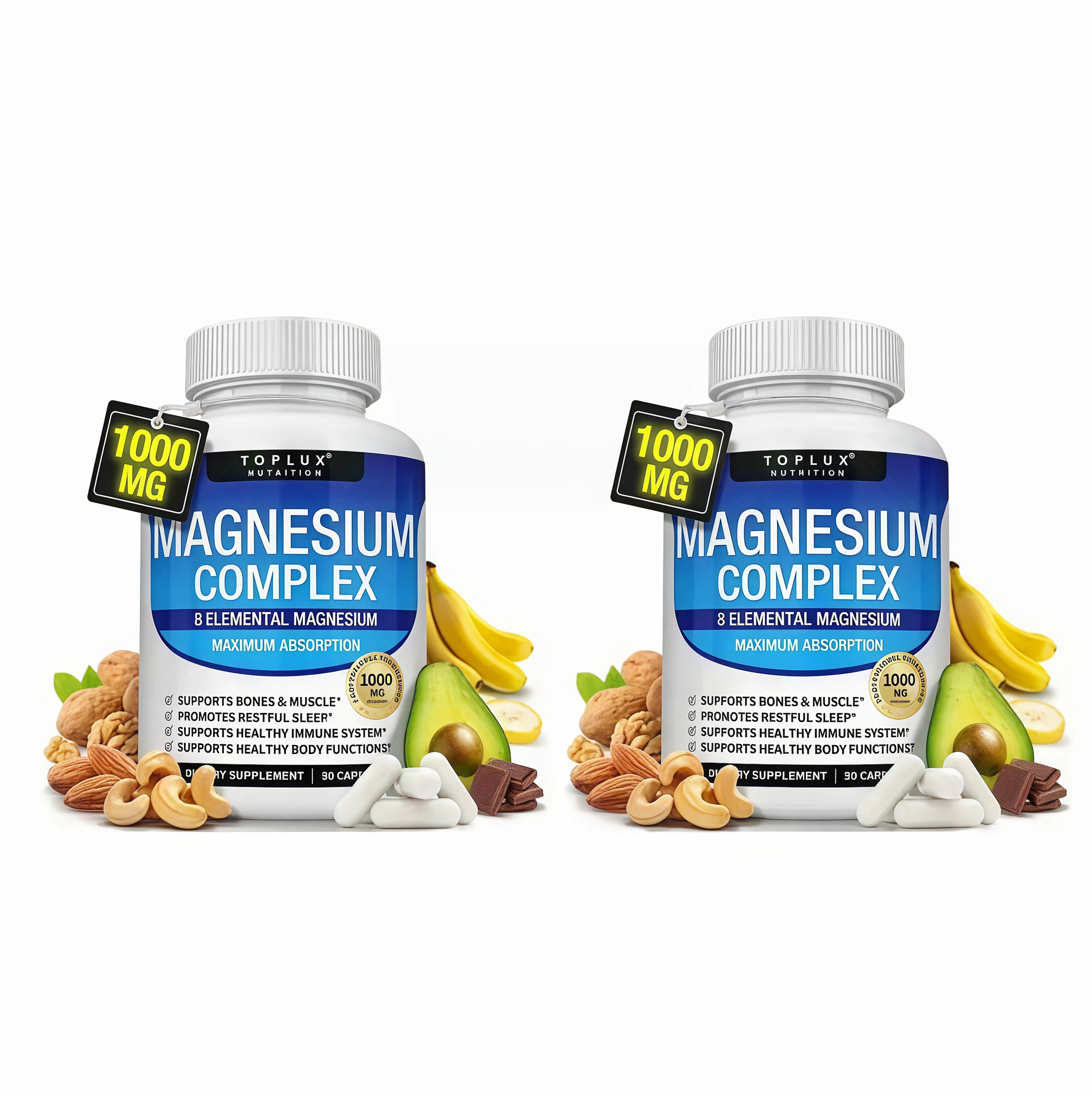 2 Piece Toplux Magnesium Complex PI 8 Essential Magnesium Supplement 1000mg Fitness Edible