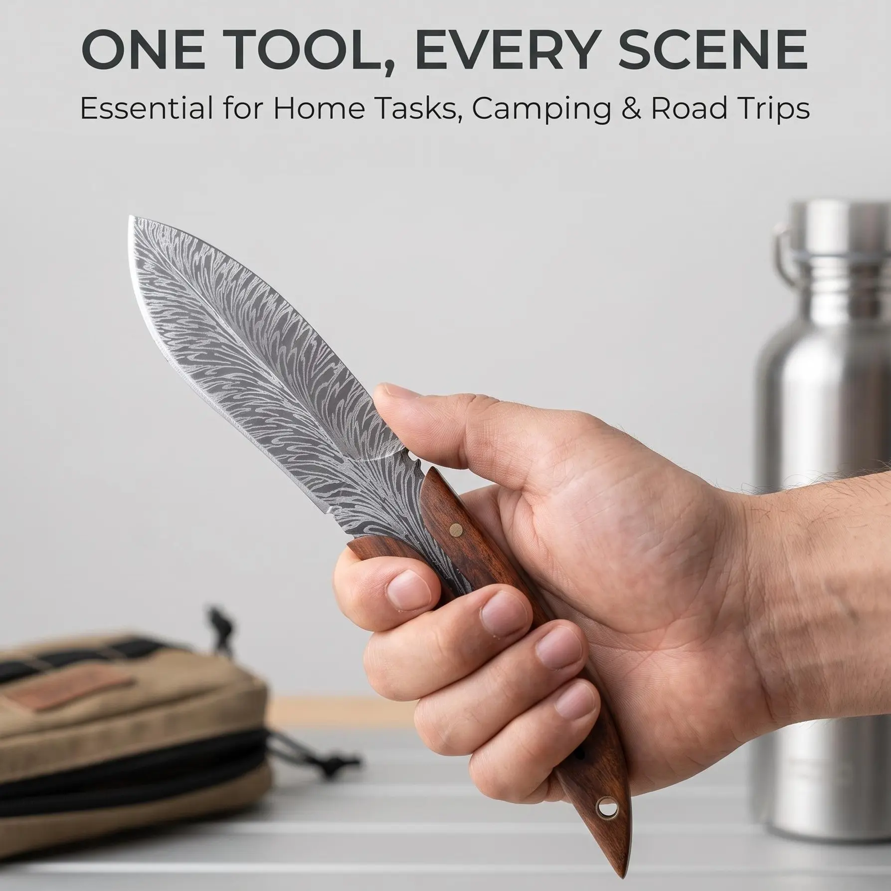 Portable Outdoor Camp Kitchen Cutlery Set - Brown Wooden-Handle Slicing Knife, Classic Elegant Design, Functional Curves, Utility-Meets-Aesthetic Appeal for Camping, Hiking, Kitchen Tasks, Blends Utility With Aesthetic Appeal