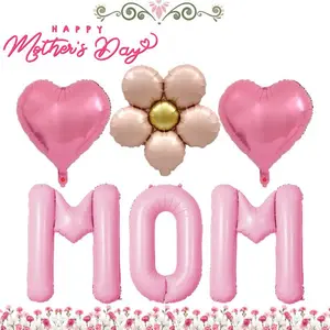 Pink Mother’s Day Balloons Set – Heart Mom Foil & Daisy Flower Balloons, Cute Aesthetic Party Decorations (6PCS), Perfect for Mother’s Day Gift