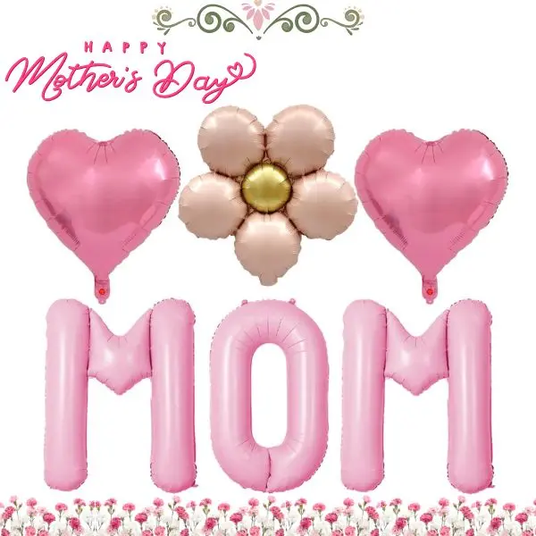 Pink Mother’s Day Balloons Set – Heart Mom Foil & Daisy Flower Balloons, Cute Aesthetic Party Decorations (6PCS), Perfect for Mother’s Day Gift