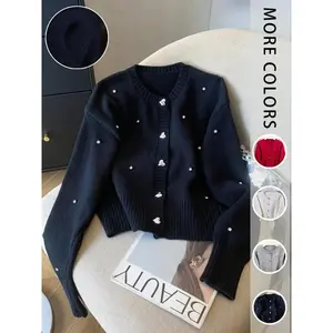 Women's Casual Knit Sweater Cardigan Knitwear, Round Neck Solid Color Heart Button Design, Sequins Beaded Embroidery, Fall & Winter Fashion