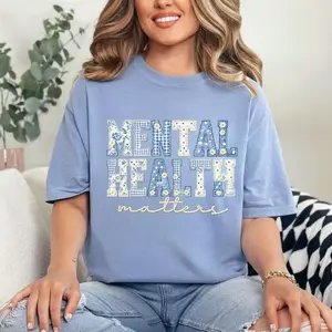 Mental Health Matters Shirt, Crochet Patchwork Floral Tee, Gingham Mental Health Shirt, Positive Message T-Shirt 8J1