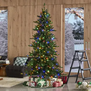 Glitzhome 7.5ft Pre-Lit Green Slim Fir Christmas Tree with 400 LED Lights, 9 Functional Warm White/Multi-color, remote controller