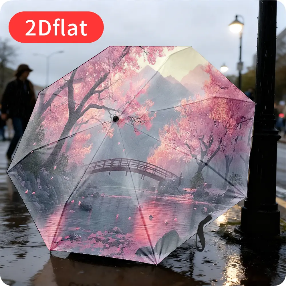 A Spring Cherry Blossom Folding Umbrella – featuring exquisite pink cherry blossoms against a serene landscape background, with a durable canopy made of sturdy plastic and metal, ideal for travel, commuting, and casual