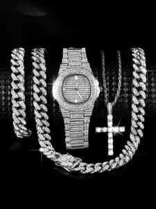 Men's Punk Style Rhinestones Decor Quartz Wristwatch Set, Rhinestone Watches, Fashion Watch & Cuban Chain Bracelet, Chain & Cross Pendant Necklace, Hip Hop Style Jewelry Set for Party, Daily Decor, with Box