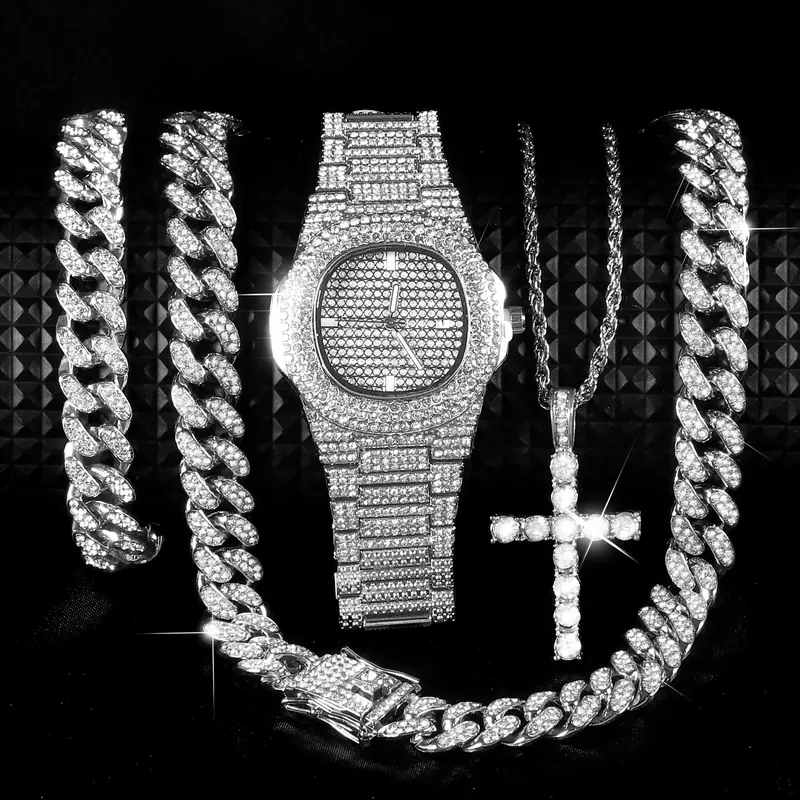 Men's Punk Style Rhinestones Decor Analog Quartz Movement Wristwatch Set, Rhinestone Watches, Fashion Watch & Cuban Chain Bracelet, Chain & Cross Pendant Necklace, Hip Hop Style Jewelry Set for Party, Daily Decor, Watch Gift Set, with Box