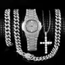 Men's Punk Style Rhinestones Decor Analog Quartz Movement Wristwatch Set, Rhinestone Watches, Fashion Watch & Cuban Chain Bracelet, Chain & Cross Pendant Necklace, Hip Hop Style Jewelry Set for Party, Daily Decor, Watch Gift Set, with Box