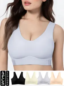 4 Pack Women's Wireless Bras, Front Buckle Design, Removable Pads, Comfortable & Breathable, Perfect for Home & Gym Use, Workout Bras, Wireless Sports Bra