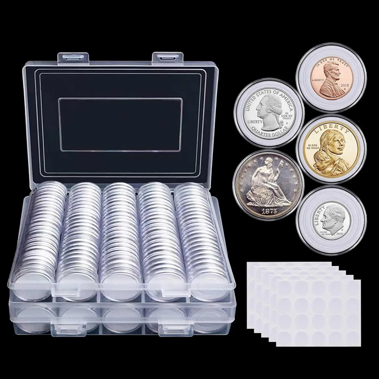 240 count 30mm  Capsules  Holders for Collectors, with  Gasket and Plastic Storage Organizer Box, 5 Sizes (17/20/25/27/30mm)  Case for  Collection Supplies